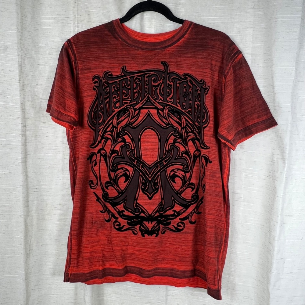 Affliction Red Black Burnout Flocked Velvet Logo Graphic T-Shirt
Mens Medium